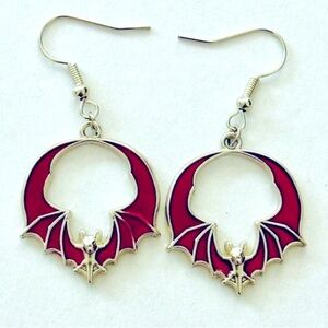 Red & Silver Stainless Steel and Enamel Bat Earrings, NWT, Unworn, Goth Vibes